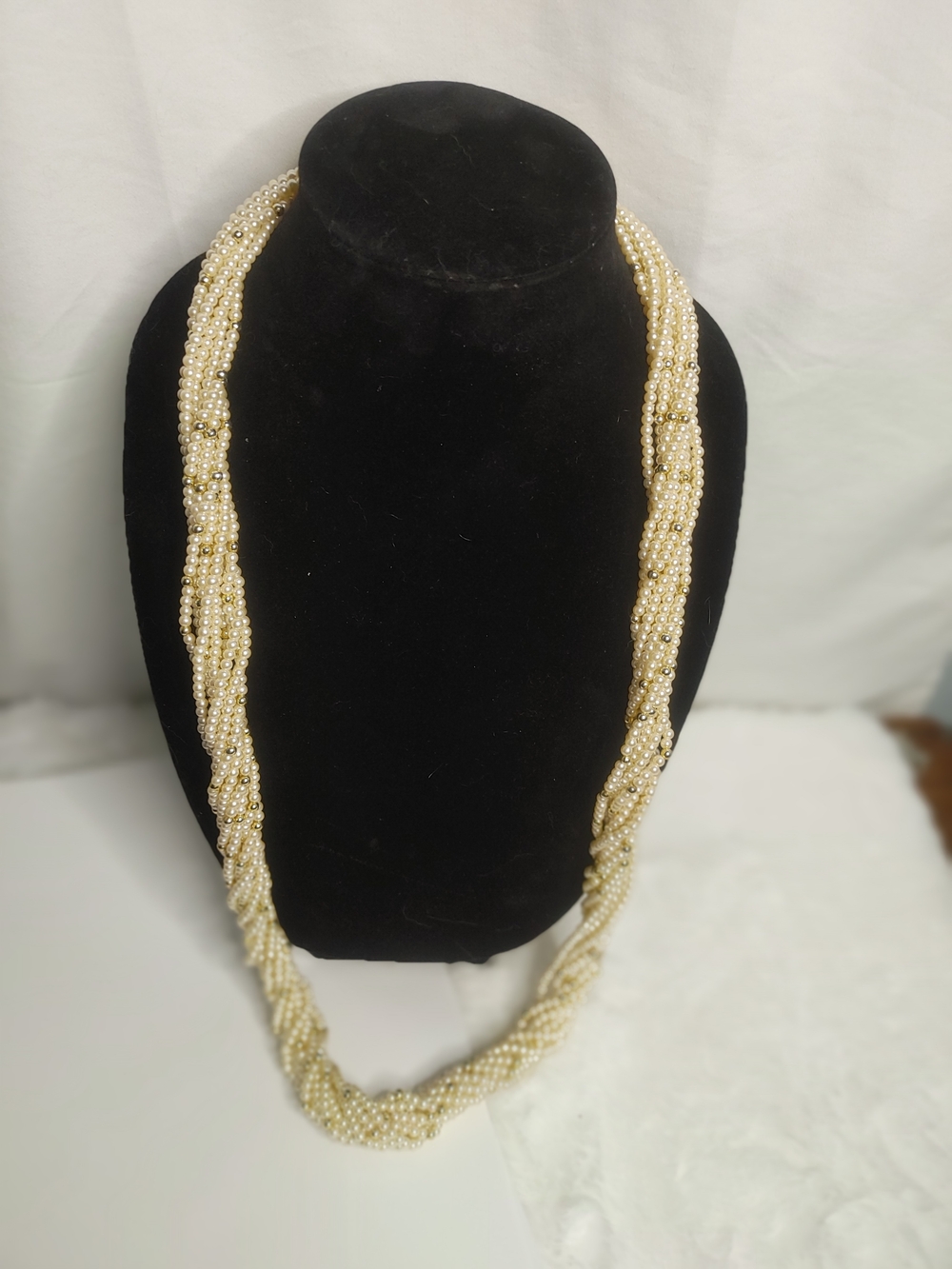 Estate Twisted Faux Pearl Long Rope Necklace in Ivory and Gold Accent